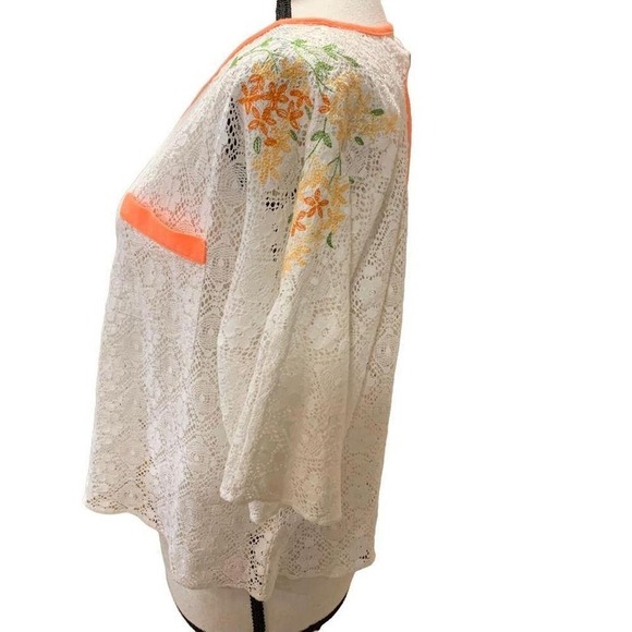 Free People Lace Embroidered Short Sleeved Top White Orange Small - Picture 4 of 4